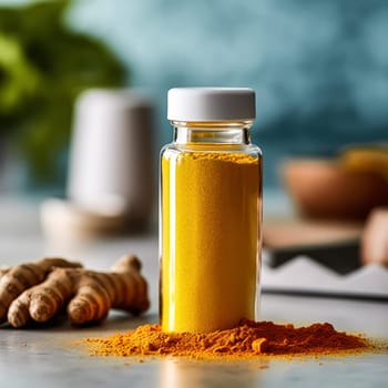Transform your kitchen with vibrant turmeric in an exquisite glass bottle. Elevate your dishes with this flavorful and visually appealing spice.