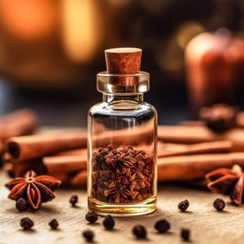 Elevate your culinary journey with this collection of exquisite spices cinnamon, star anise, coriander, and anise, beautifully presented in glass bottles