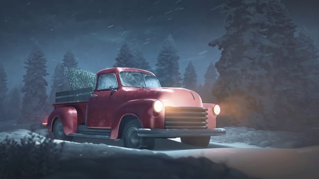 3d render Christmas pickup truck driving with a Christmas tree through a snowy forest in 4k