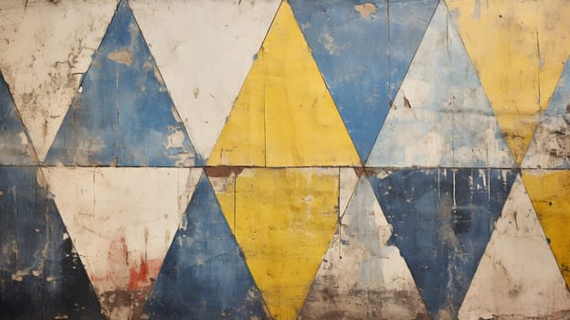 A blue and yellow triangle pattern on a wall - damaged painted surface - vintage background - generative AI