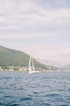 White sailing yacht sails along the mountainous coast. High quality photo