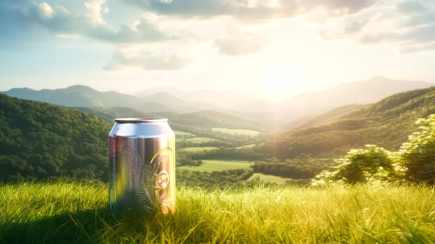 A large can of a drink against a background of nature and mountains, symbolizing waste recycling and nature conservation. Impressive stock photography that reflects environmental awareness