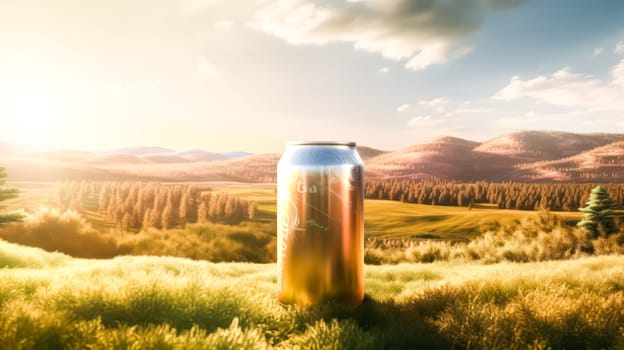 A large can of a drink against a background of nature and mountains, symbolizing waste recycling and nature conservation. Impressive stock photography that reflects environmental awareness