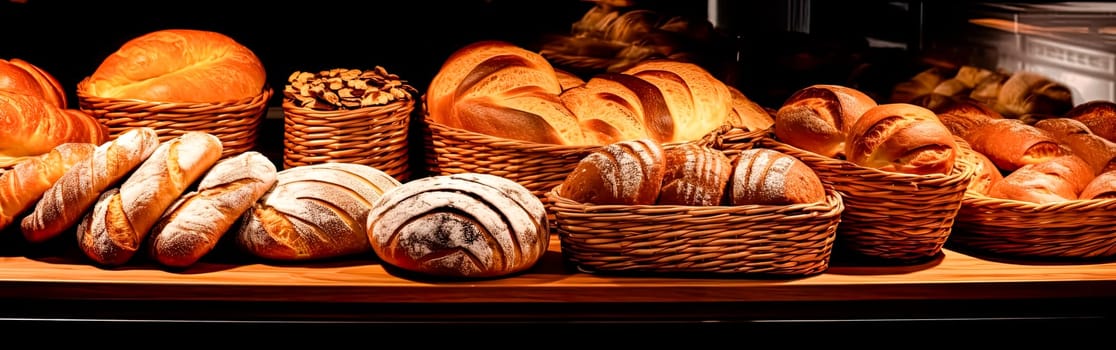 A variety of freshly baked bread on a wooden bakery table. Concept of selling fresh bread, inviting and wholesome stock photo for culinary themes