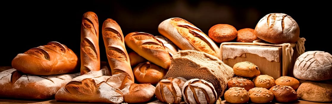 A variety of freshly baked bread on a wooden bakery table. Concept of selling fresh bread, inviting and wholesome stock photo for culinary themes