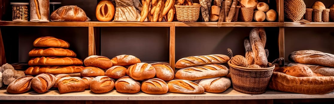 A variety of freshly baked bread on a wooden bakery table. Concept of selling fresh bread, inviting and wholesome stock photo for culinary themes