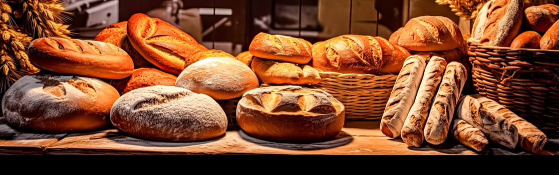 A variety of freshly baked bread on a wooden bakery table. Concept of selling fresh bread, inviting and wholesome stock photo for culinary themes