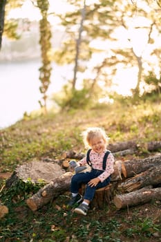 Laughing little girl with a soft toy sits on a log in a sunny forest. High quality photo