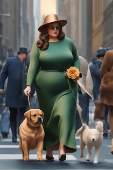 curvy elegant empowered business woman walking with dog in downtown illustration genrative ai art