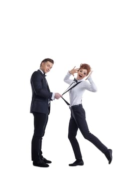 Cute man pulls girl's suspenders and she's smiling, Isolated on white background