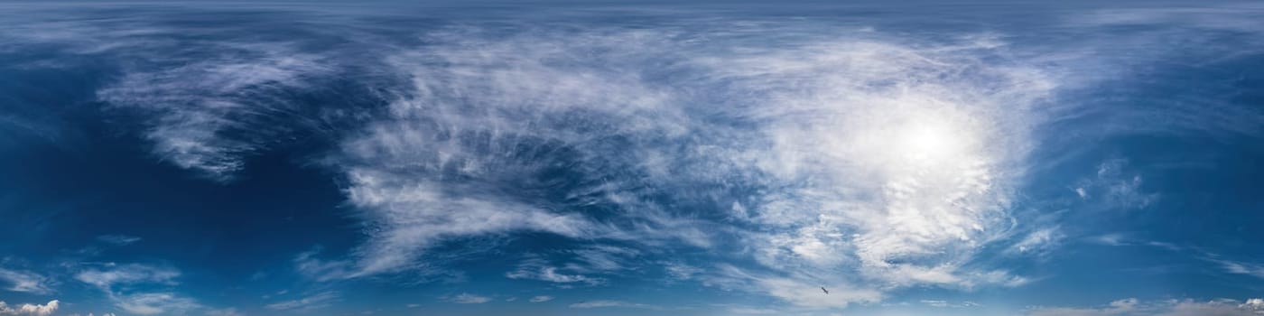 Sky panorama with Cirrus clouds in Seamless spherical equirectangular format. Full zenith for use in 3D graphics, game and editing aerial drone 360 degree panoramas for sky replacement