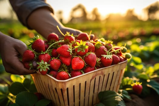 Hands holding a container with strawberries against the background of a green plantation.