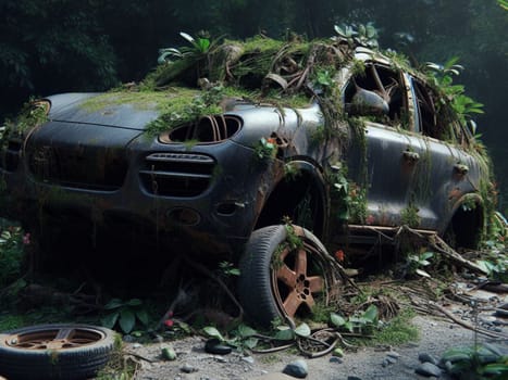 Abandoned rusty expensive atmospheric 4x4 suvas circulation banned for co2 emission 2030 agenda , severe damage, broken parts, plants overgrowth bloom flowers. ai generated