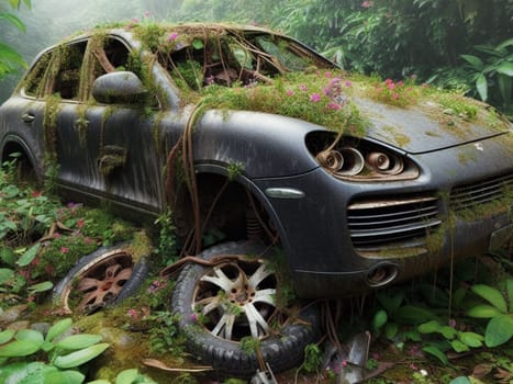 Abandoned rusty expensive atmospheric 4x4 suvas circulation banned for co2 emission 2030 agenda , severe damage, broken parts, plants overgrowth bloom flowers. ai generated