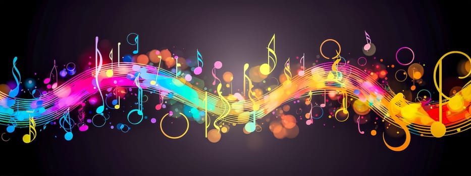 colorful and dynamic representation of musical elements, featuring a wave of music staves and notes, with a vibrant spectrum of colors, and floating circles that suggest a rhythm or melody.