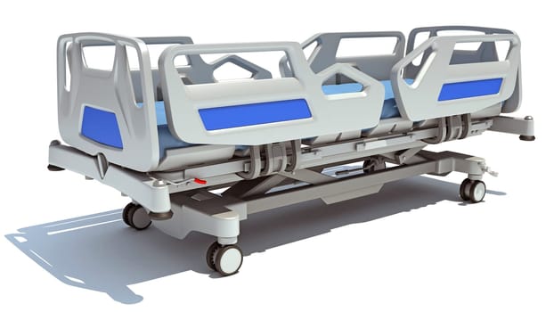 Hospital Medical Bed 3D rendering model on white background