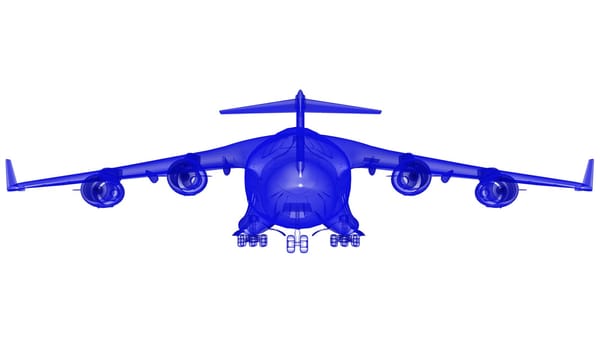 Transparent aircraft 3D rendering model front view on white background