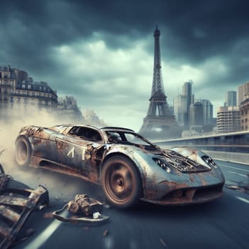 a rusty crashed tuned retrp custom madmax style super petrol car speed in apocalyptic burning city dystopian scene future