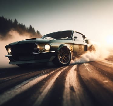 american mustang muscle classic car drift burn rubber in rally race in the street ai generated