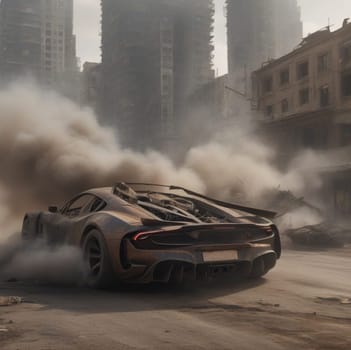 a rusty crashed tuned retrp custom madmax style super petrol car speed in apocalyptic burning city dystopian scene future