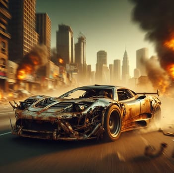 a rusty crashed tuned retrp custom madmax style super petrol car speed in apocalyptic burning city dystopian scene future