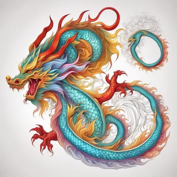 AI generated colorful illustration of a traditional Chinese dragon on white background.