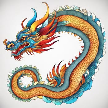 AI generated colorful illustration of a traditional Chinese dragon on white background.