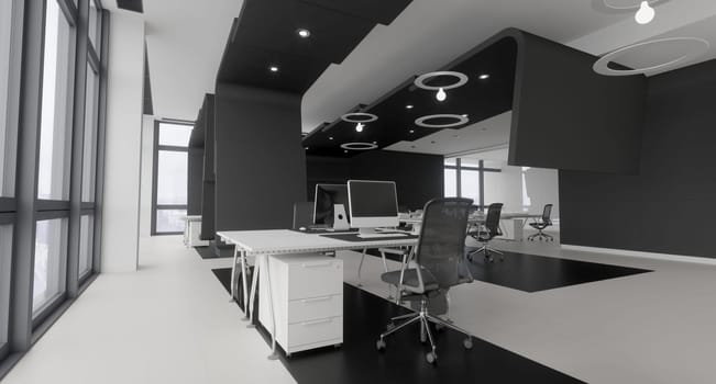 3D interior of bright open office interior space. Render of concept design