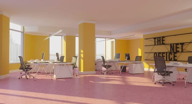 3D interior of bright open office interior space. Render of concept design