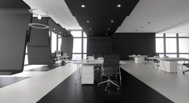 3D interior of bright open office interior space. Render of concept design
