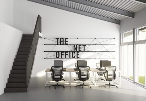 3D interior of bright open office interior space. Render of concept design