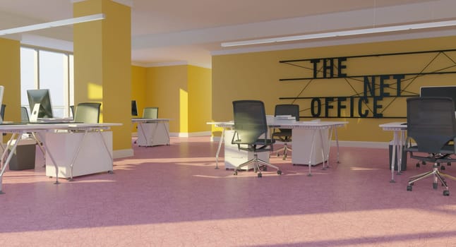 3D interior of bright open office interior space. Render of concept design