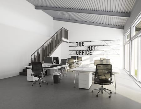 3D interior of bright open office interior space. Render of concept design