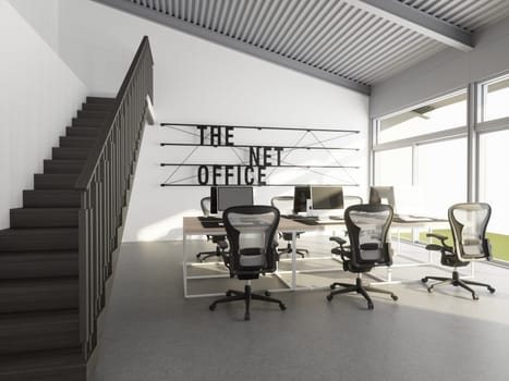 3D interior of bright open office interior space. Render of concept design