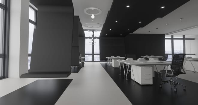 3D interior of bright open office interior space. Render of concept design
