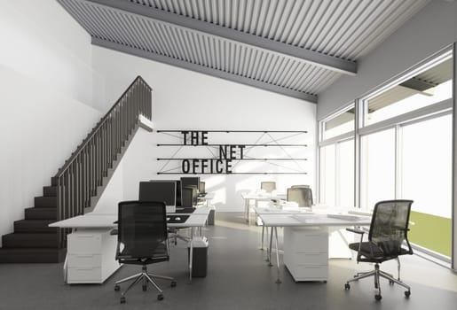 3D interior of bright open office interior space. Render of concept design