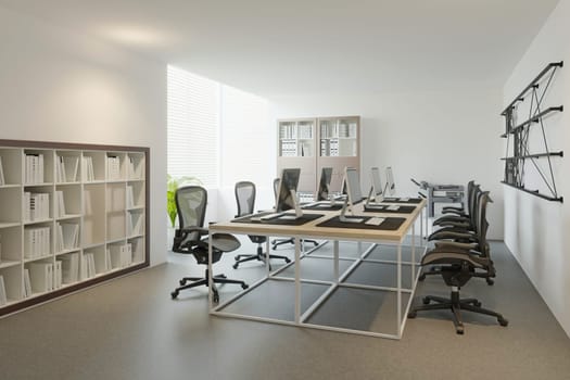 3D interior of bright open office interior space. Render of concept design