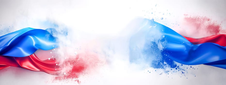 representation of the French flag, enhanced by a burst of powdery textures, conveying a sense of energy and motion, suitable for representing France in events like the Olympic Games, banner copy space