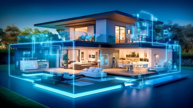 futuristic smart home concept during the night, showcasing a modern house with illuminated smart technology icons around it, reflecting advanced connectivity and home automation.