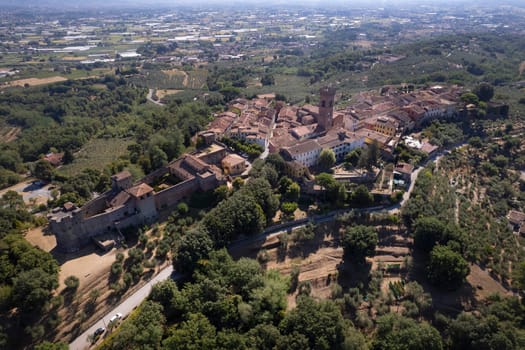 Aerial photographic documentation of the medieval town of Montecarlo in the province of Lucca, Tuscany 