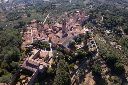 Aerial photographic documentation of the medieval town of Montecarlo in the province of Lucca, Tuscany 