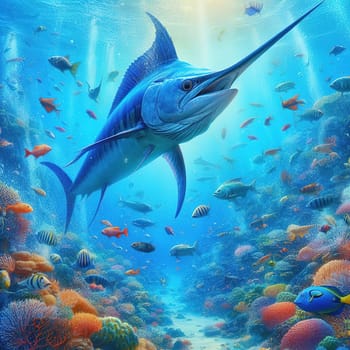 A large marlin swims in the sea. Generative AI. High quality illustration