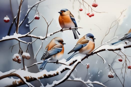 Beautiful bright birds sit on a rowan branch in snowy winter