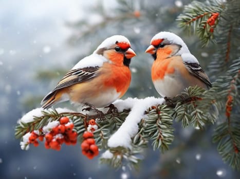 Beautiful bright birds sit on a rowan branch in snowy winter