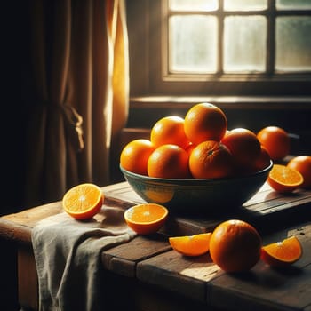 Juicy oranges on a dark background. Generative AI. High quality