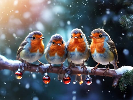 Four bullfinch birds sit on a branch with Christmas tree decorations.