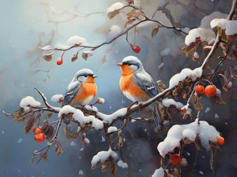 Beautiful bright birds sit on a rowan branch in snowy winter