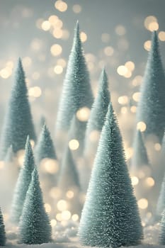 Christmas Background with fir trees and bokeh lights. 3d illustration.