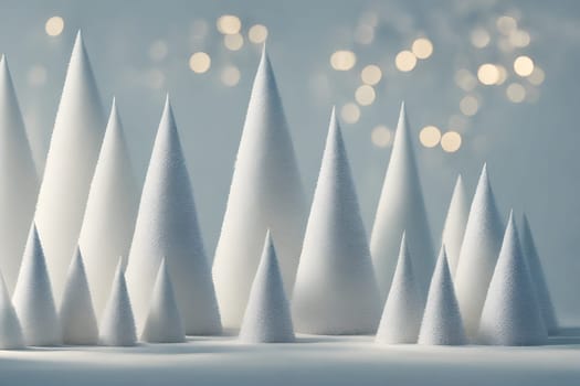 Christmas tree made of many White Cones and bokeh background. 3d rendering.