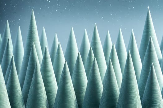 Christmas Winter Background with Snowflakes and Cone Trees, 3d illustration,